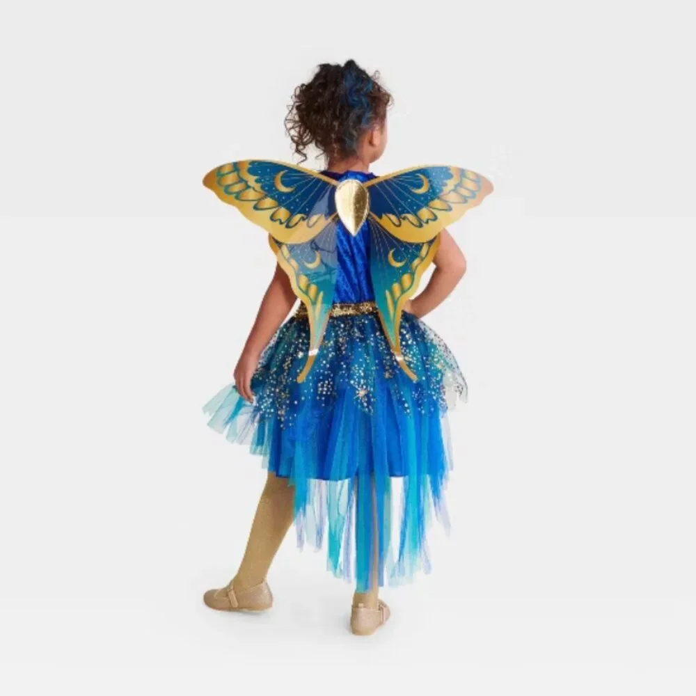 Moonlight Fairy Light Up Halloween Costume 8 Blue Gold Dress Wings Girls Kids